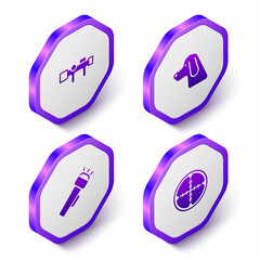 Set Isometric Sniper optical sight, Hunting dog, Flashlight and icon. Purple hexagon button. Vector