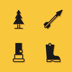 Set Tree, Waterproof rubber boot, Cartridges and Medieval arrow icon with long shadow. Vector
