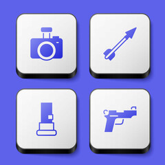 Set Photo camera, Medieval arrow, Cartridges and Pistol or gun icon. White square button. Vector