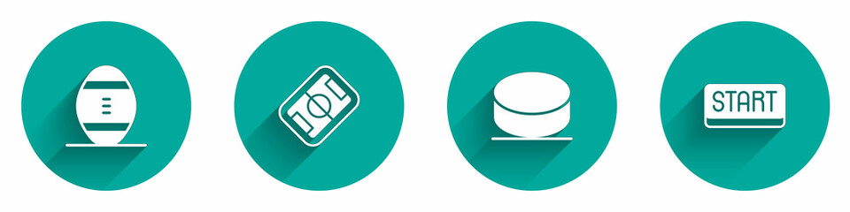 Set American Football ball, field, Hockey puck and Ribbon in finishing line icon with long shadow. Vector