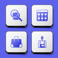 Set Magnifying glass, Online shopping on screen, Paper bag and Seller icon. White square button. Vector