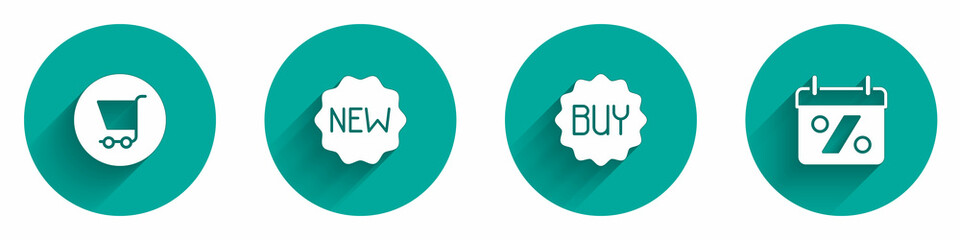 Set Shopping cart, Price tag with New, Buy button and Discount percent icon with long shadow. Vector