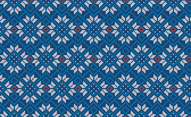 Christmas knit print. Seamless pattern. Vector. Blue knitted sweater texture. Xmas geometric background. Holiday fair isle traditional ornament. Festive pullover. Wool illustration.