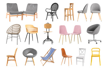 Collection of modern chairs on white background