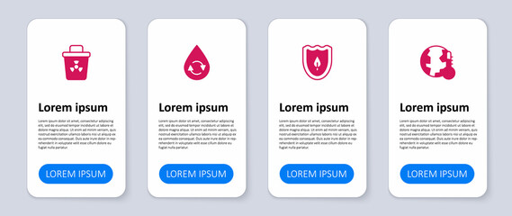 Set Earth melting to global warming, Shield with leaf, Recycle clean aqua and Infectious waste. Business infographic template. Vector