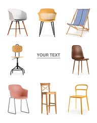 Collection of modern chairs on white background with space for text