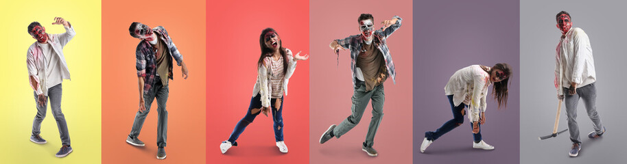 Group of scary zombies on color background