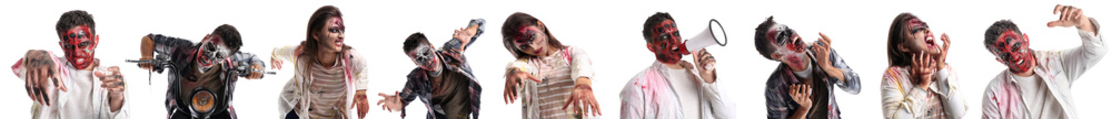 Group of scary zombies on white background