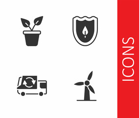 Set Wind turbine, Plant pot, Garbage truck and Shield with leaf icon. Vector