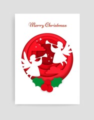 Merry Christmas card vector design template. Paper cut craft style white angel silhouettes, holly berries in circle.