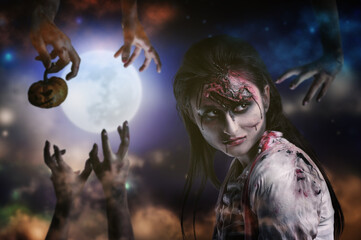 Scary zombie woman walking at Halloween night
