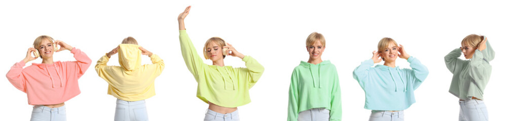 Young woman wearing stylish hoodies in different colors on white background