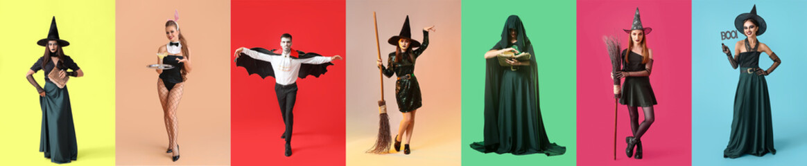 Evil young witch with spell book on color background - obrazy, fototapety, plakaty
