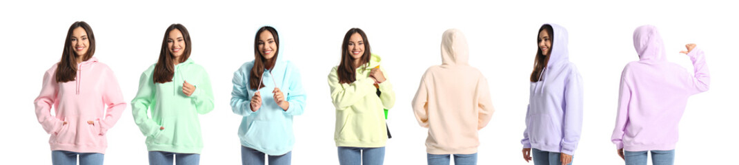 Young woman wearing stylish hoodies in different colors on white background