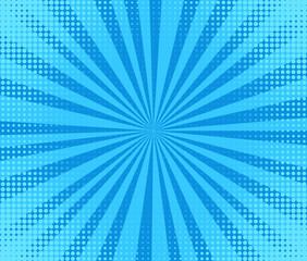 Pop art background. Comic halftone pattern. Blue starburst texture. Retro sunshine banner with beams and dots. Vintage duotone effect. Cartoon funny superhero print. Vector illustration.