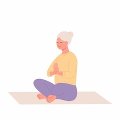 Old woman relaxing at yoga. Healthy lifestyle. An elderly woman sits in a lotus position and meditates. Vector flat illustration. Best ager women practicing yoga