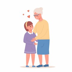 Happy little girl hugging smiling grandmother vector flat illustration. Joyful relatives enjoying meeting having positive emotion isolated. Cute family spending time together