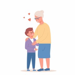 Happy little boy hugging smiling grandmother vector flat illustration. Joyful relatives enjoying meeting having positive emotion isolated. Cute family spending time together