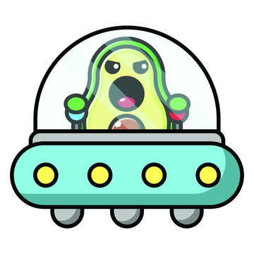 cute avocado driving a UFO icon illustration vector graphic