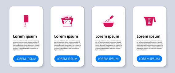 Set Measuring cup, Cooking whisk with bowl, Oven and Meat chopper. Business infographic template. Vector