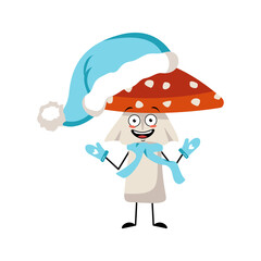 Cute amanita character with joyful emotions, smile face, happy eyes, arms and legs. Fly Agaric Mushroom from forest with kind expression. Happy New Year person in blue Santa hat, scarf and mittens