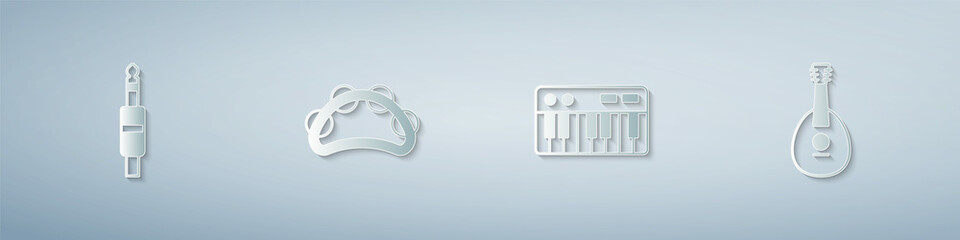 Set Audio jack, Tambourine, Music synthesizer and Mandolin. Paper art style. Vector