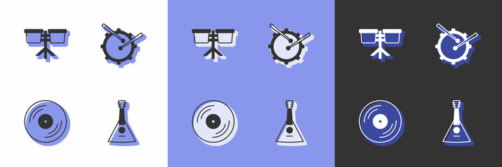 Set Balalaika, Bongo drum, Vinyl disk and Drum with sticks icon. Vector