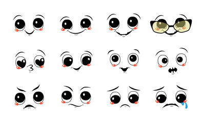 Set of faces with different emotions. Joyful and sad smiles, tears and happiness, angry, suspicious or frowning eyes.