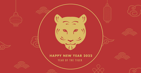 Fototapeta premium Chinese new year 2022, year of the tiger. Chinese zodiac symbol. Happy Chinese new year horizontal banner with traditional ornament and oriental background. Vector illustration in flat style.
