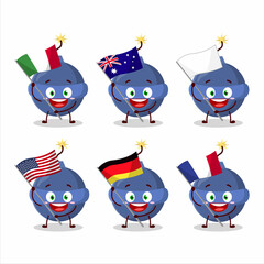 Smoke bomb firework cartoon character bring the flags of various countries