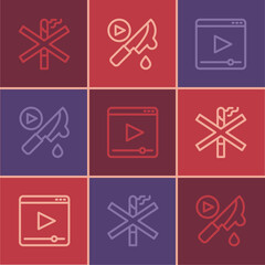 Set line No smoking, Online play video and Thriller movie icon. Vector