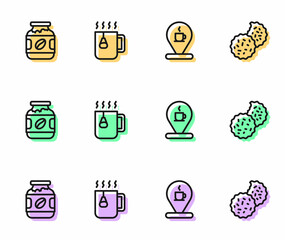 Set line Location with coffee cup, Coffee jar bottle, Cup tea bag and Cookie or biscuit icon. Vector