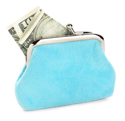 Blue wallet with banknotes on white background