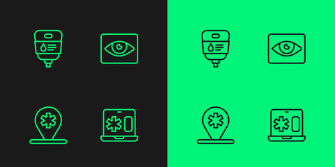Set line Clinical record on laptop, Location hospital, IV bag and Red eye effect icon. Vector
