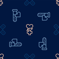 Set line Crossed bandage plaster, Test tube with blood and Ethnoscience on seamless pattern. Vector