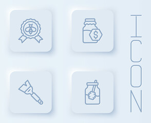 Set line Best bee, Sale in jar of honey, Beekeeping brush and Jar and dipper stick. White square button. Vector