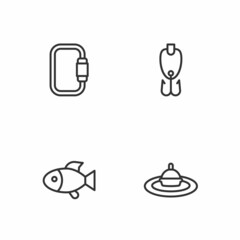 Set line Fishing float in water, Carabiner and lure icon. Vector