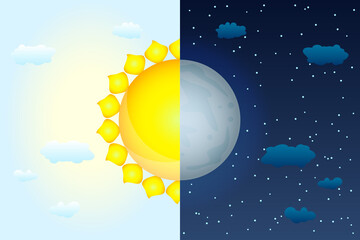 Half sun and half moon as vernal or autumnal equinox day concept. Day and night with moon and sun. Earth seasons. Weather forecast background. International Astrology Day. Stock vector illustration