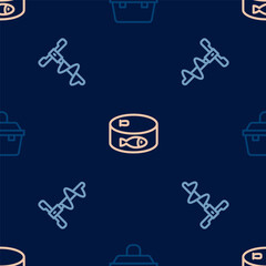 Set line Case or box for fishing equipment, Hand ice drill and Canned on seamless pattern. Vector