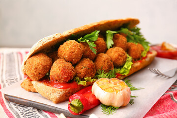 Board with bread and tasty cod cutlets on table, closeup