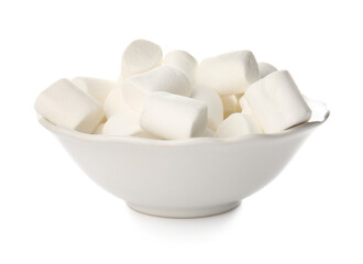 Bowl with tasty marshmallows on white  background