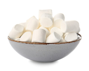 Bowl with tasty marshmallows on white  background