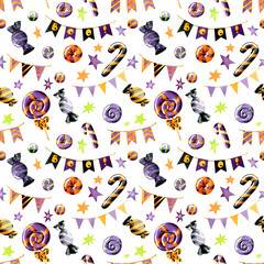 Watercolor seamless pattern. Halloween attributes, sweets, stars and garland,  isolated on a white background.