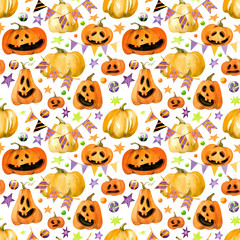 Obraz premium Watercolor seamless pattern. Halloween scary and smiling pumpkins, sweets and garland, isolated on a white background.