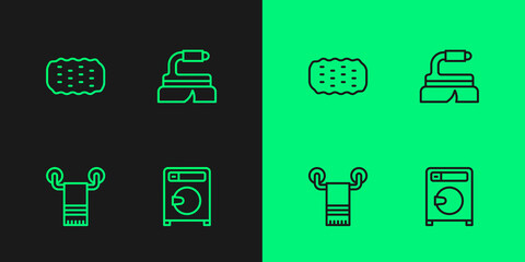 Set line Washer, Towel on hanger, Sponge and Brush for cleaning icon. Vector