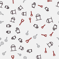 Set line Rubber gloves, Bucket, Toilet brush and Dustpan on seamless pattern. Vector