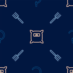 Set line Sickle, Garden pitchfork and Pack full of seeds on seamless pattern. Vector