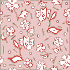 Seamless pattern of abstract flowering plants, circles and dashes on a pink background for textiles.