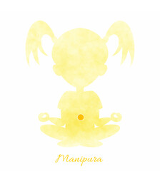 Manipura girl silhouette of yoga lotus position chakra circle hand drawn digital illustration for kids. Print quality for children