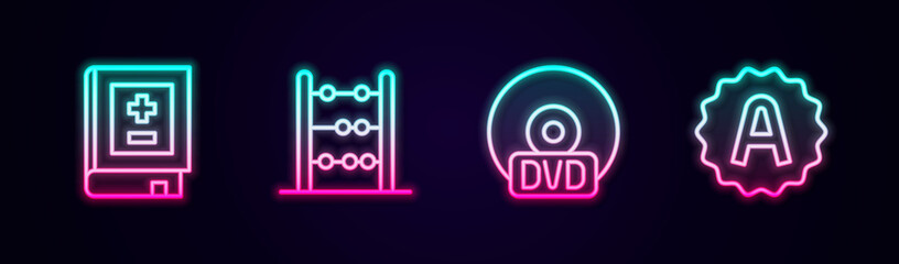 Set line Book with mathematics, Abacus, CD or DVD disk and Exam sheet plus grade. Glowing neon icon. Vector